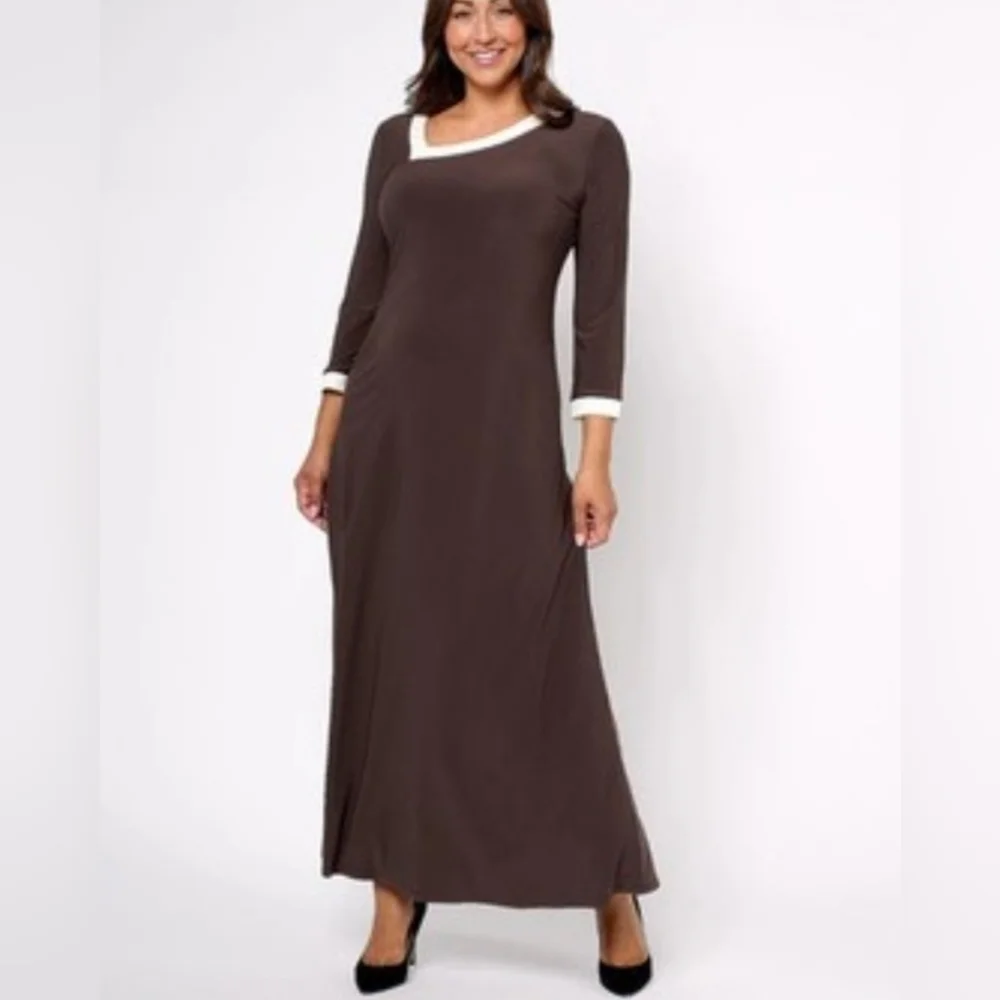 NWT Attitudes by Renee Brown & White Long Sleeve Asymmetrical Maxi Dress Small - Picture 2 of 5